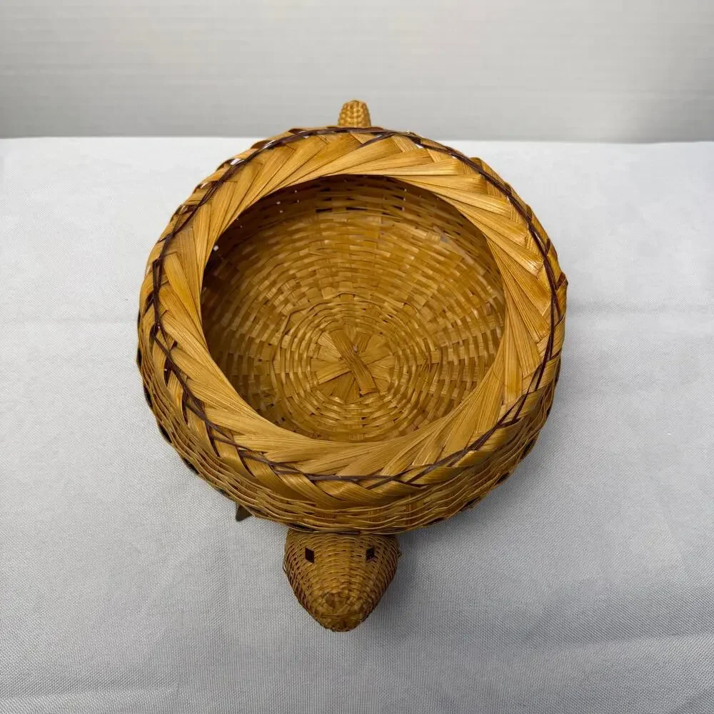 VTG Woven Bamboo Rattan Figural Turtle Basket Carved Wood Feet 10